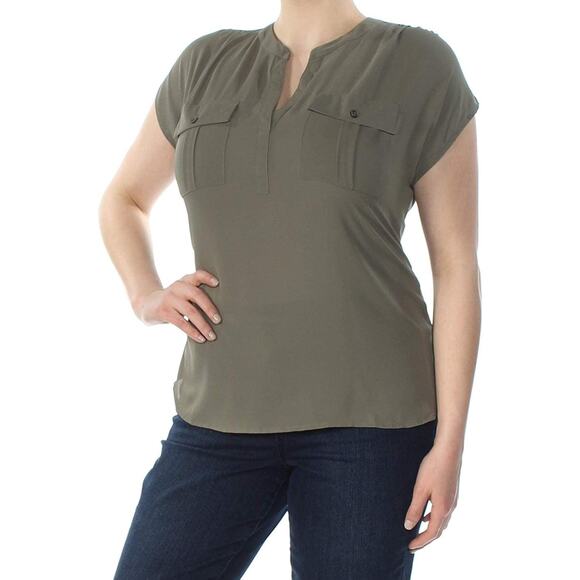 INC International Concepts Utility Blouse WMNS XS Olive Green Cap Sleeve Ruched - Picture 2 of 7